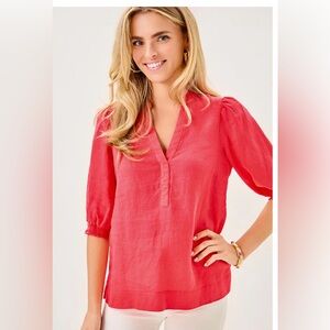 Lilly Pulitzer Womens Mialeigh Elbow Sleeve Top  100% Linen in Cane Corol Size 2